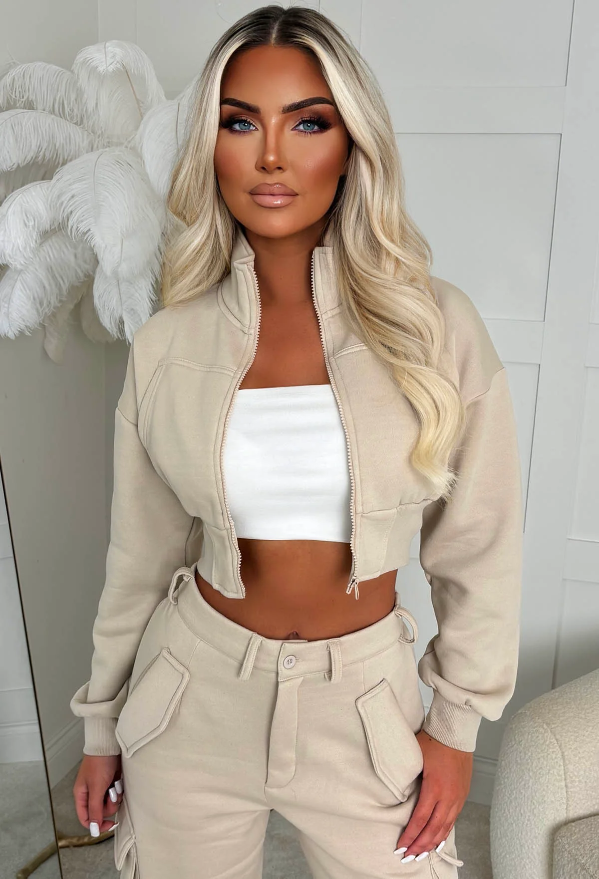 Airport Ready Beige Zipped Jacket & Cargo Jogger Set - Image 3