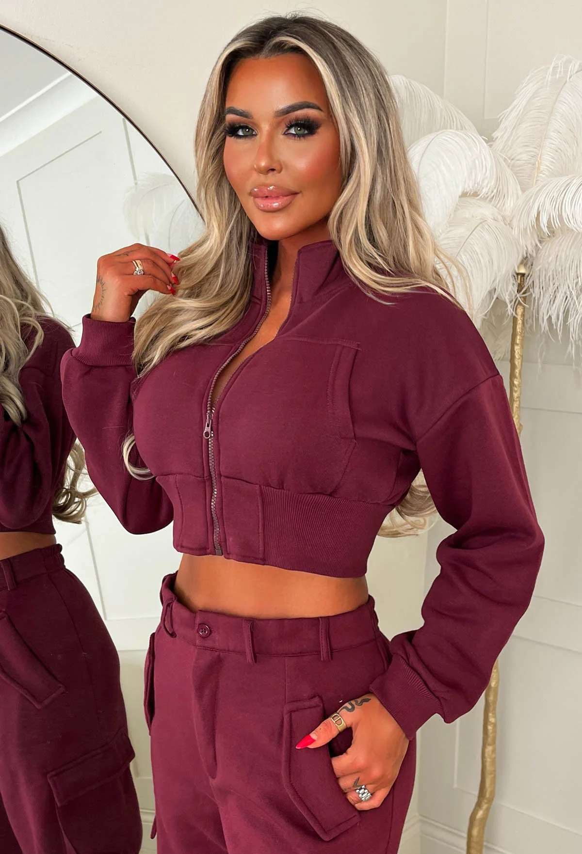 Airport Ready Burgundy Zipped Hoodie & Cargo Jogger Set - Image 3