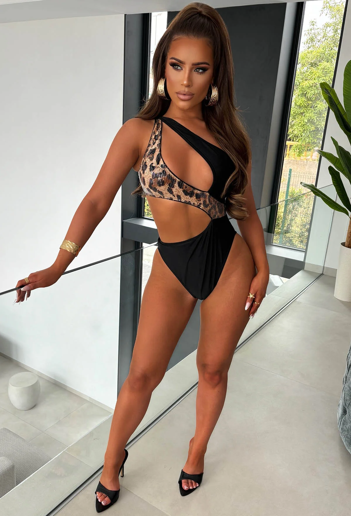 Algarve Leopard One Shoulder Leopard Sequin Cut Out Swimsuit - Image 5