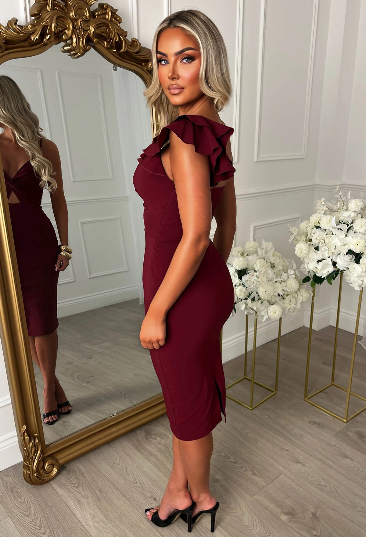 Alivia Burgundy One Shoulder Cut Out Bandeau Dress - Image 3