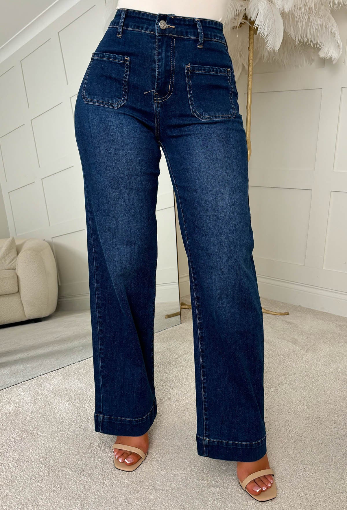 All In Dark Wash Stretch Denim Wide Leg Front Pocket Jeans - Image 7