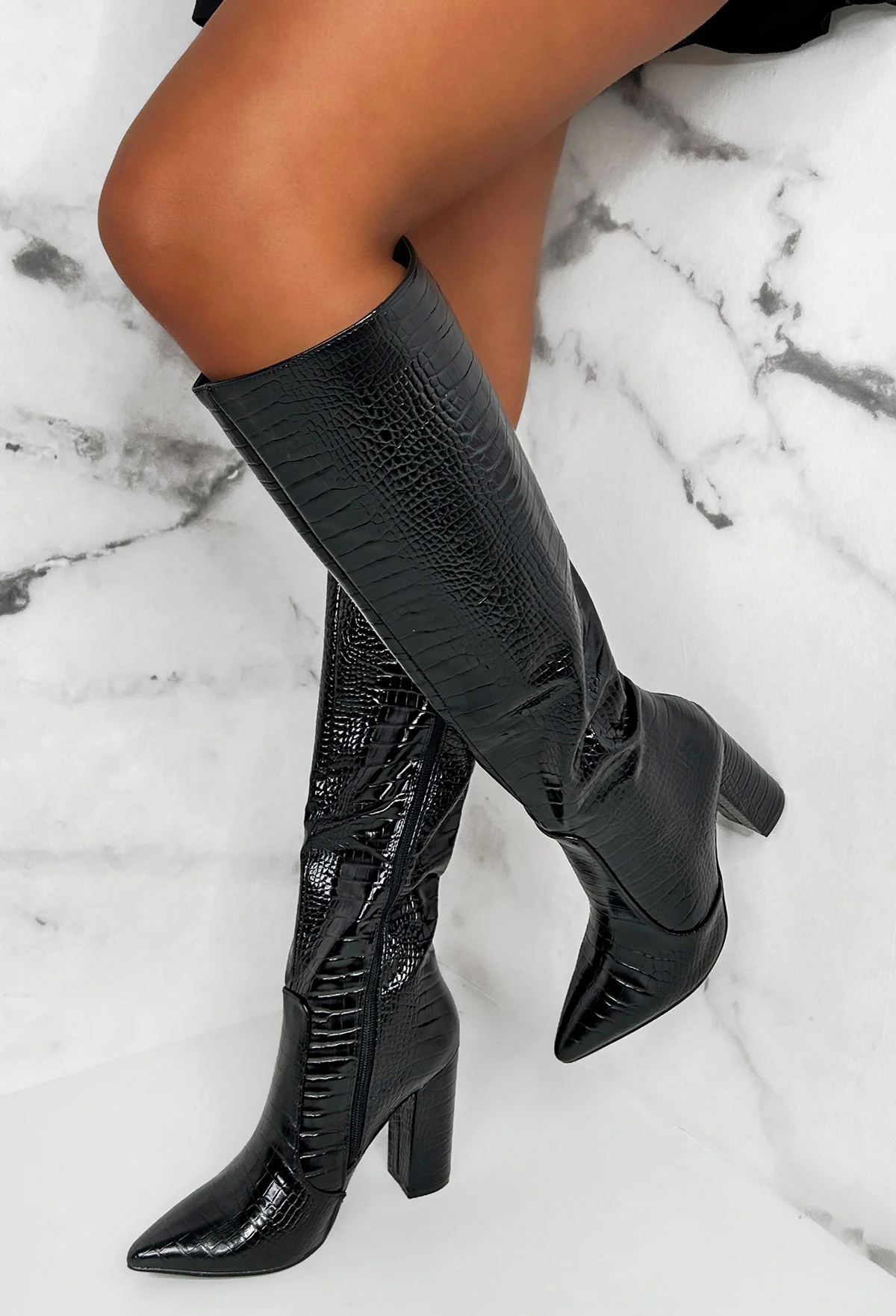 All You Want Black Croc Effect Knee High Block Heel Boots - Image 2