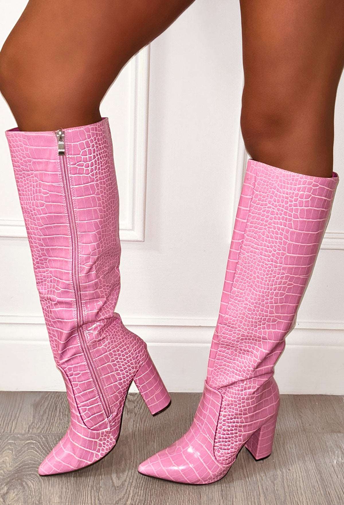 All You Want Pink Croc Effect Knee High Block Heel Boots - Image 2