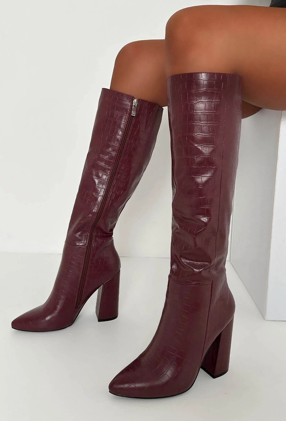 All You Want Wine Croc Effect Knee High Block Heel Boots - Image 2