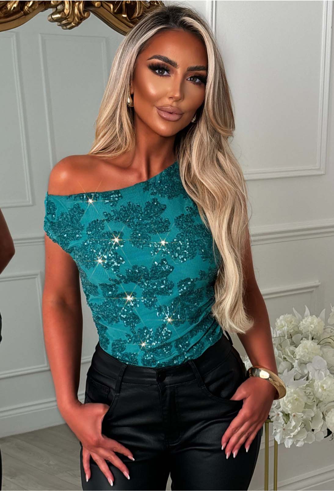 Aloha Babe Teal Off Shoulder Sequin Top - Image 2