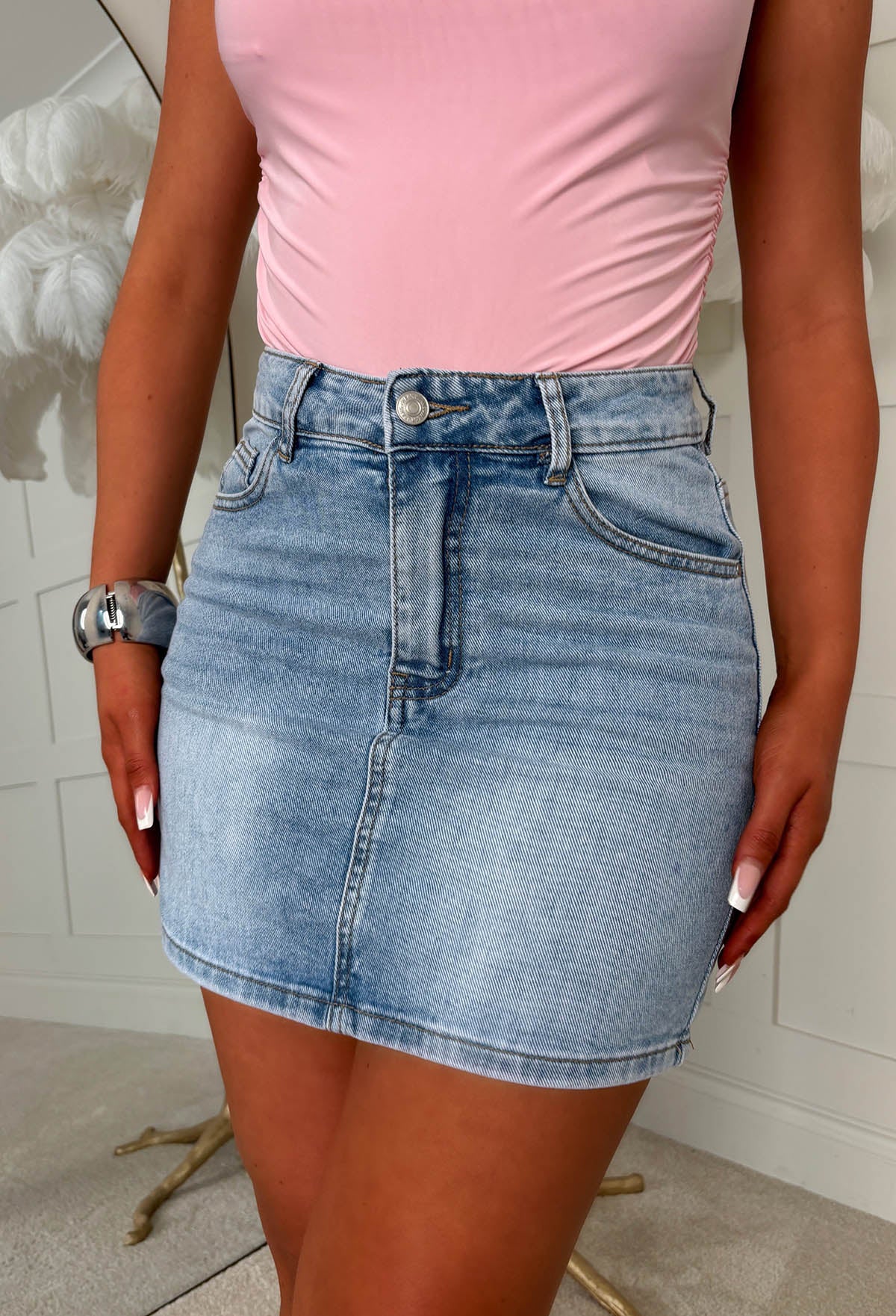 Always A Drama Mid Blue Stretch Denim Hot Fix Skirt - Image 5