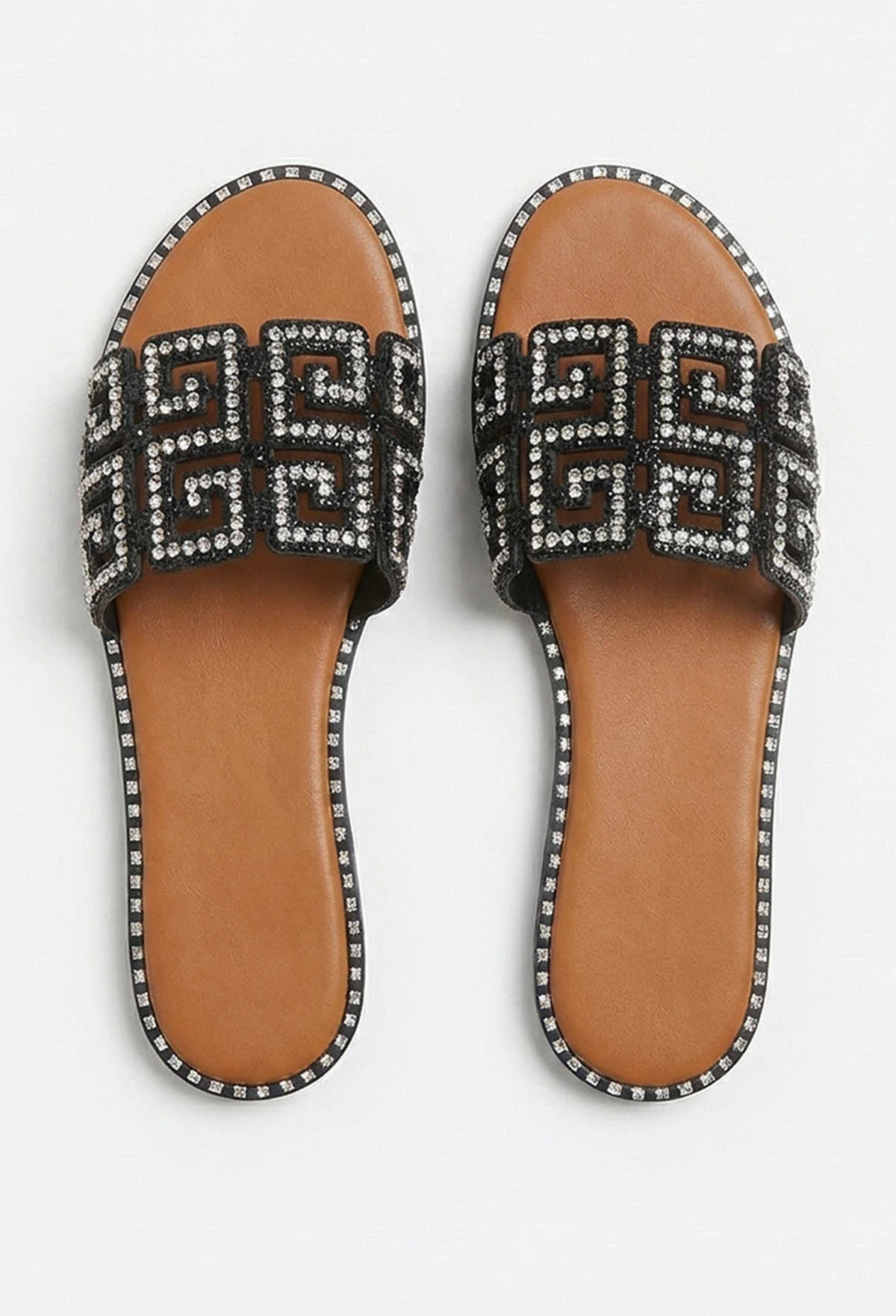 Always Be Mine Black Diamante Embellished Flat Sandals - Image 3