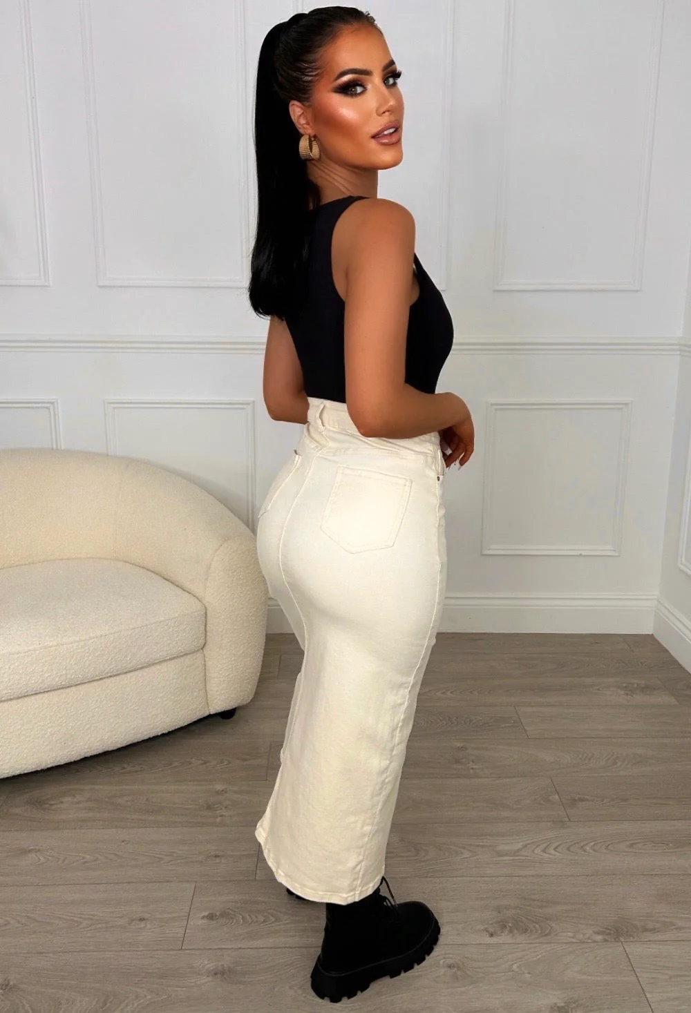 Always Chic Natural Midi Stretch Denim Skirt - Image 2