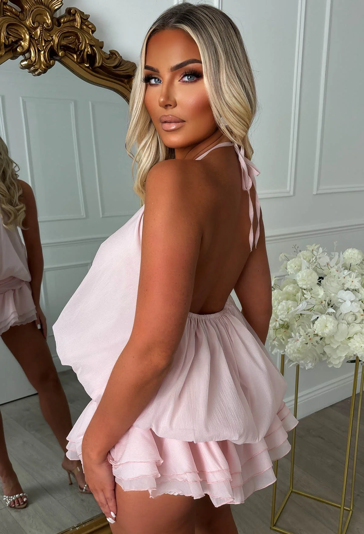 Amnesia Angel Light Pink Pearl Detail Tiered Halterneck Playsuit - Image 2