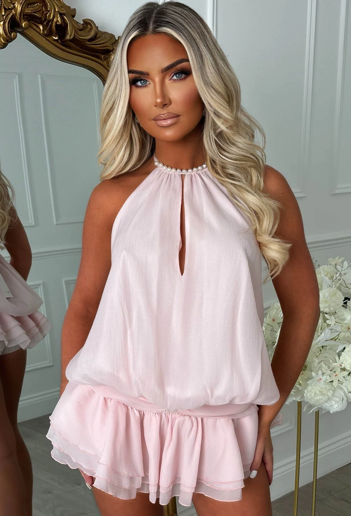 Amnesia Angel Light Pink Pearl Detail Tiered Halterneck Playsuit - Image 3