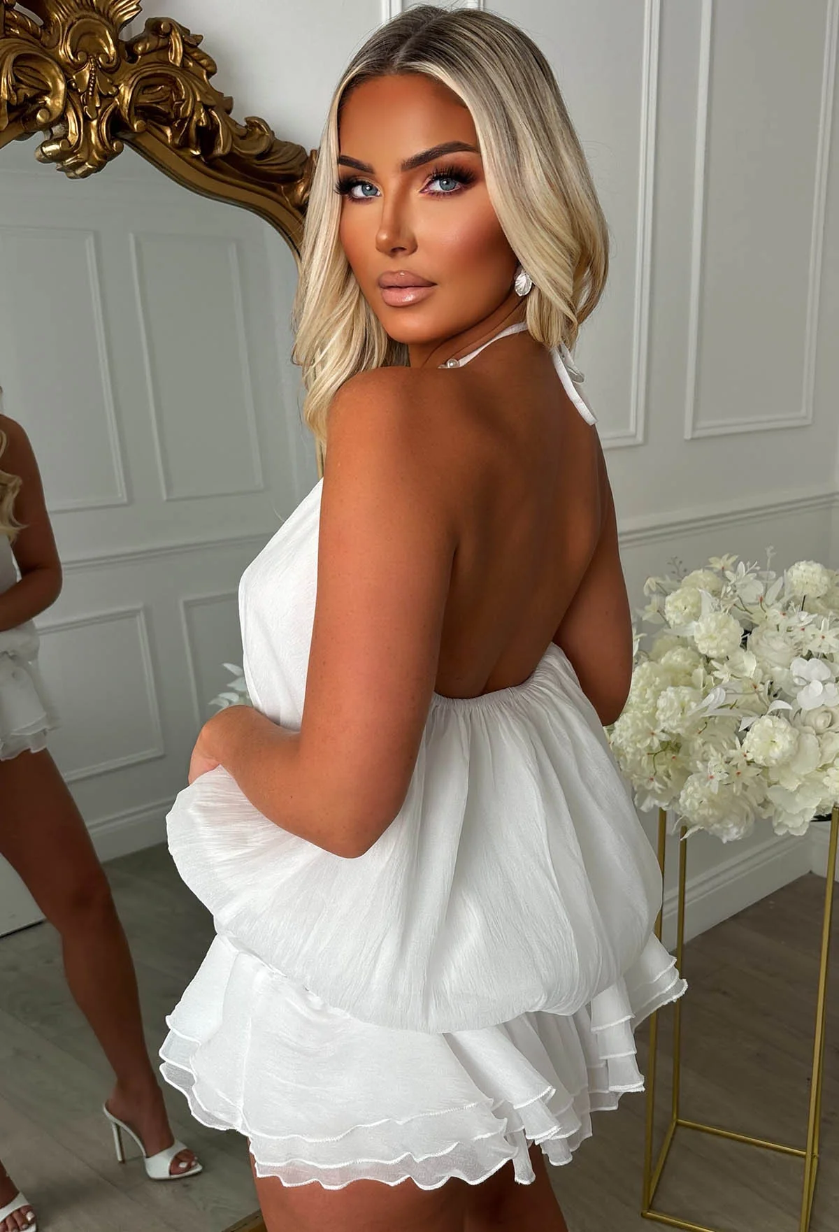 Amnesia Angel White Pearl Detail Tiered Halterneck Playsuit - Image 2