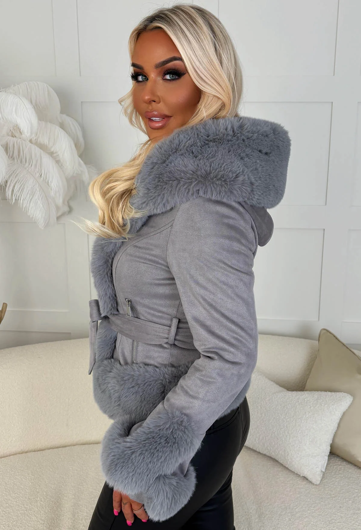 Anastasia Grey Faux Suede Hooded Skater Belted Coat - Image 4