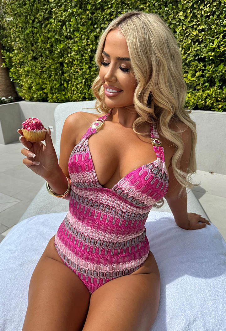 Antibes Pink Zig Zag Striped Deep Plunge Belted Swimsuit - Image 3