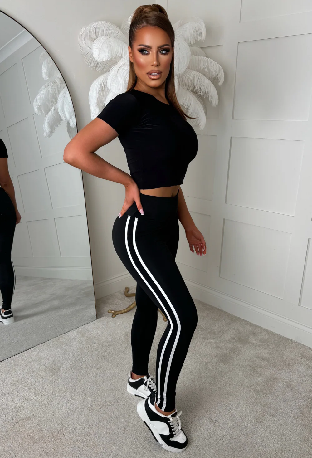 At My Leisure Black Side Stripe Ruched Leggings