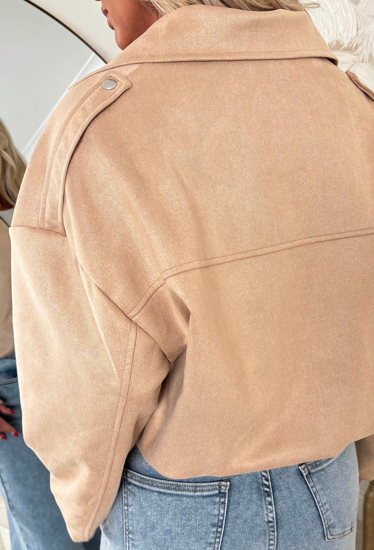 Autumn Crush Beige Faux Suede Bomber Jacket - Image 4