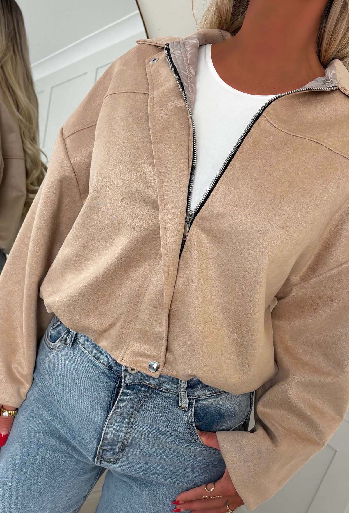 Autumn Crush Beige Faux Suede Bomber Jacket - Image 5
