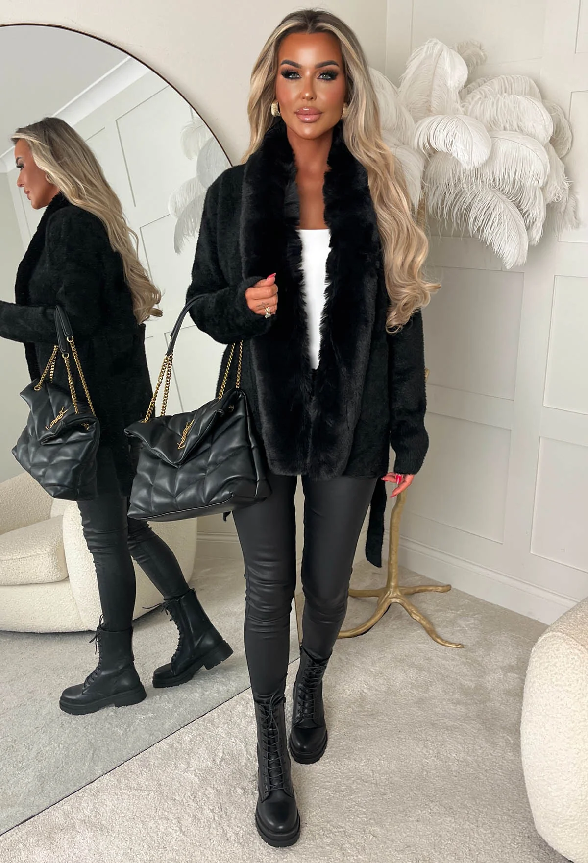 Autumn Escape Black Mid Length Faux Fur Belted Cardigan