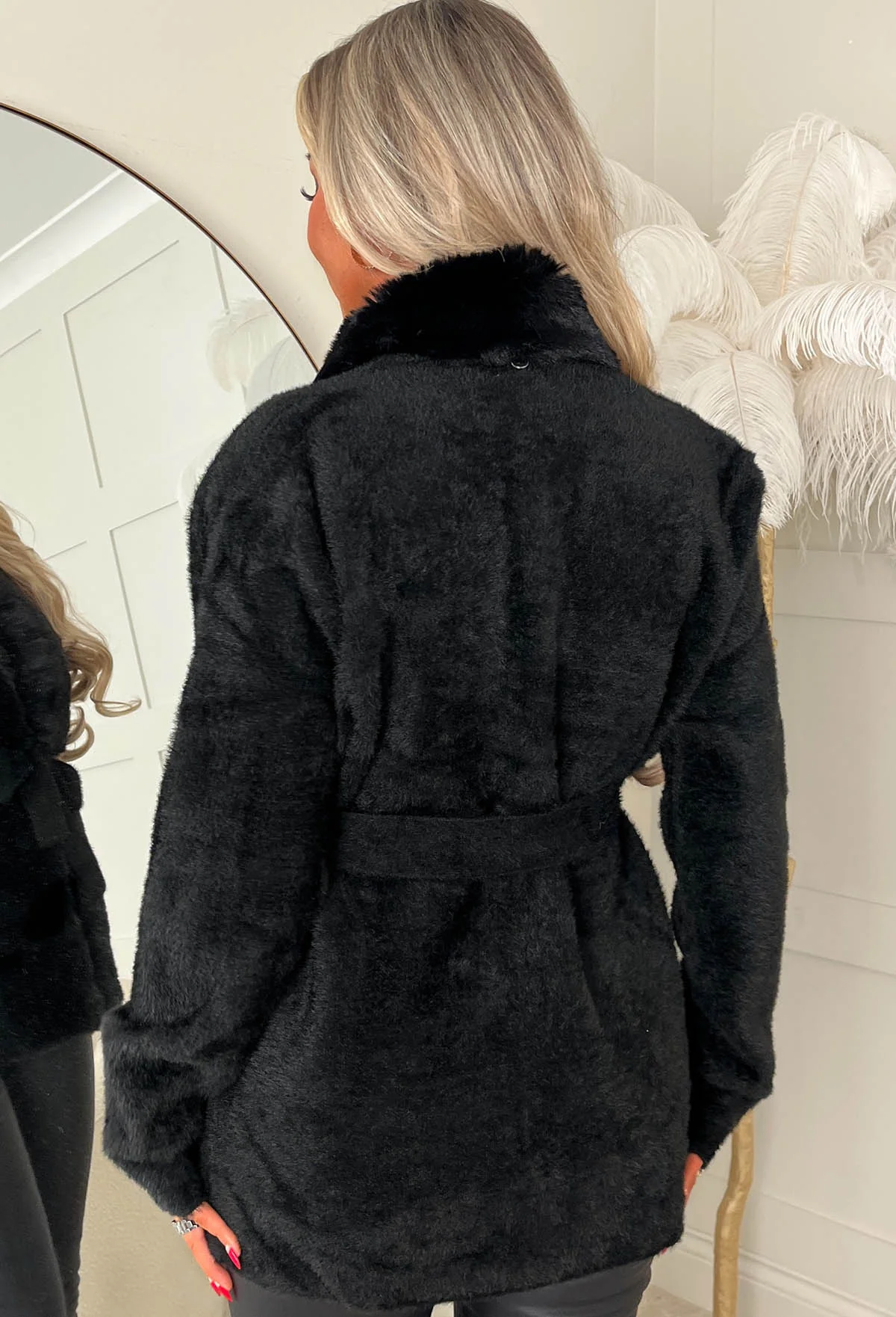 Autumn Escape Black Mid Length Faux Fur Belted Cardigan - Image 4