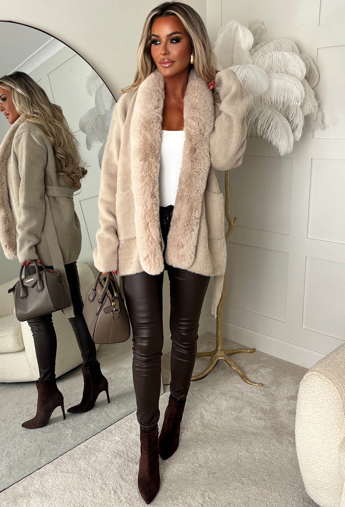 Autumn Escape Mocha Mid Length Faux Fur Belted Cardigan - Image 2