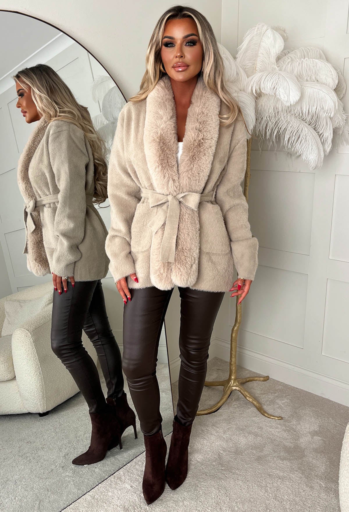 Autumn Escape Mocha Mid Length Faux Fur Belted Cardigan - Image 4