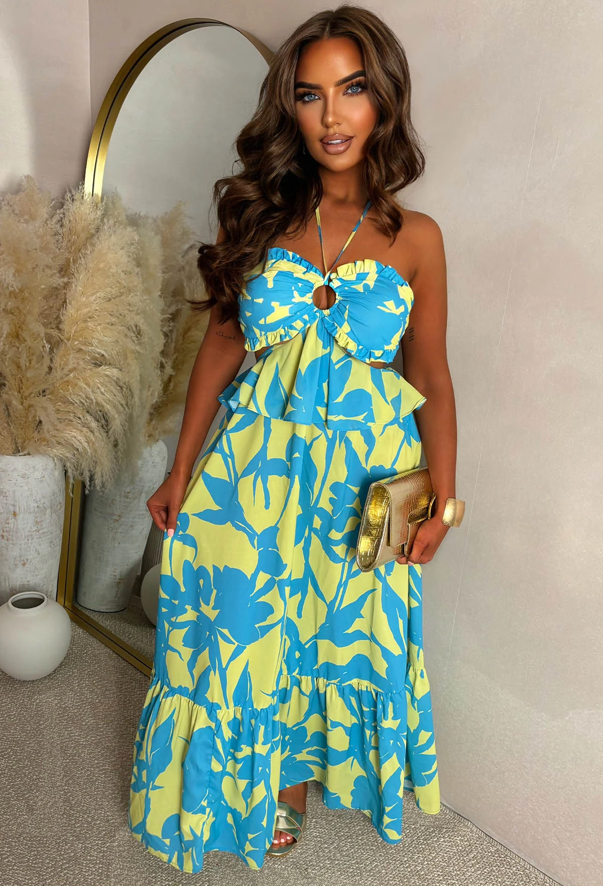 Beach Club Chic Lime Ring Front Cut Out Halter Maxi Dress - Image 3