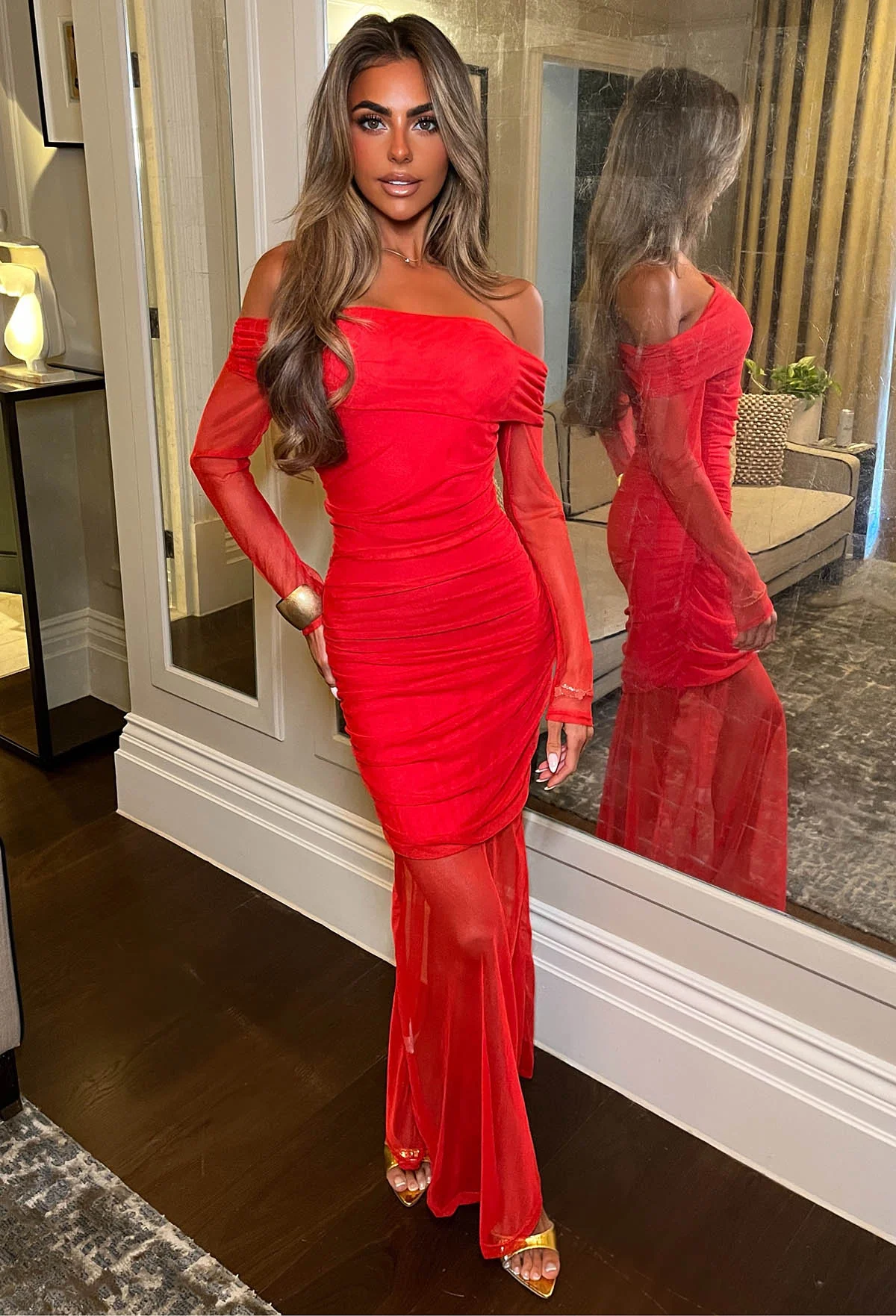 Beautiful Bella Red Mesh Bardot Mini Maxi Dress - Image 4