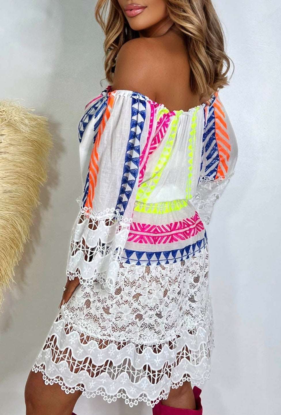Beauty In Boho White Neon Embroidered Bardot Crochet Mini Dress - Image 2
