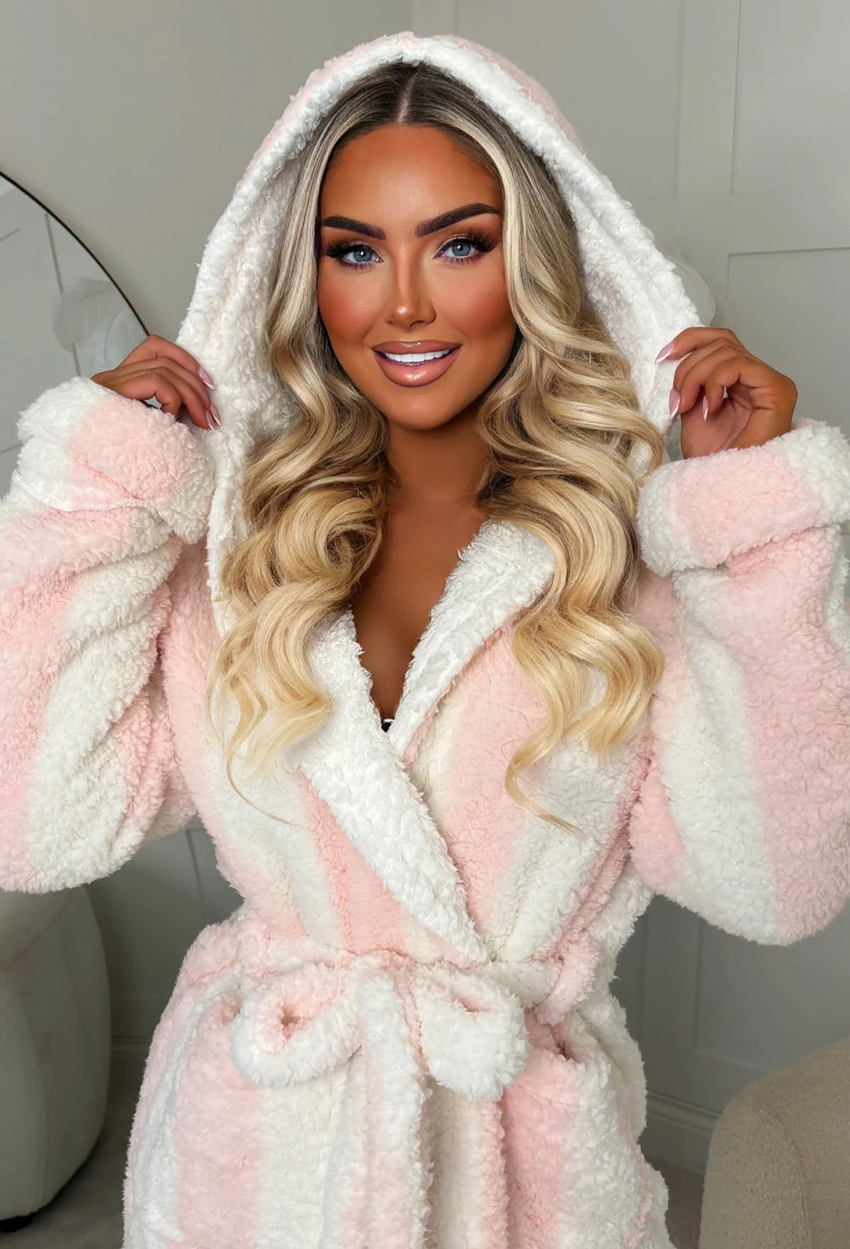 Beauty Sleep Babe Pink Chunky Borg Stripe Maxi Hooded Dressing Gown - Image 3