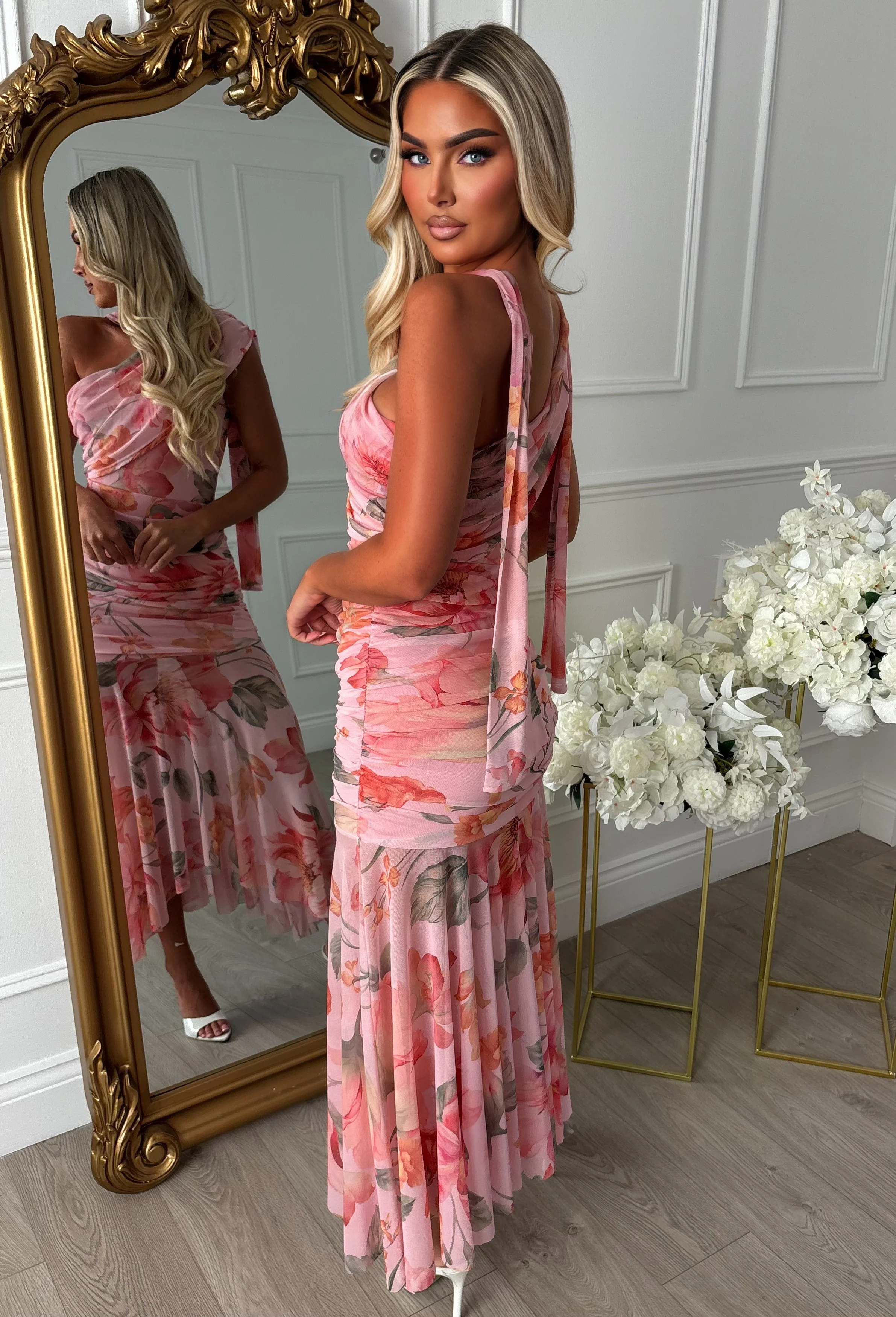 Bella Be Bold Pink Floral Mesh Panel Midi Dress With Neck Tie - Image 2