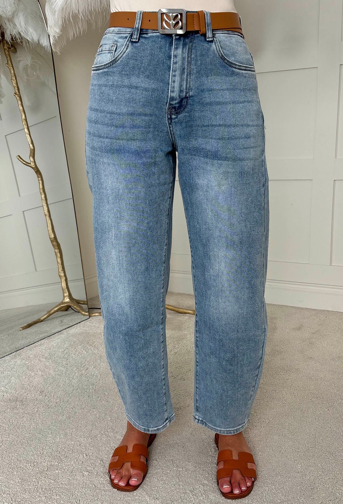 Betsy Light Wash Stretch Denim Belted Barrel Jeans - Image 3