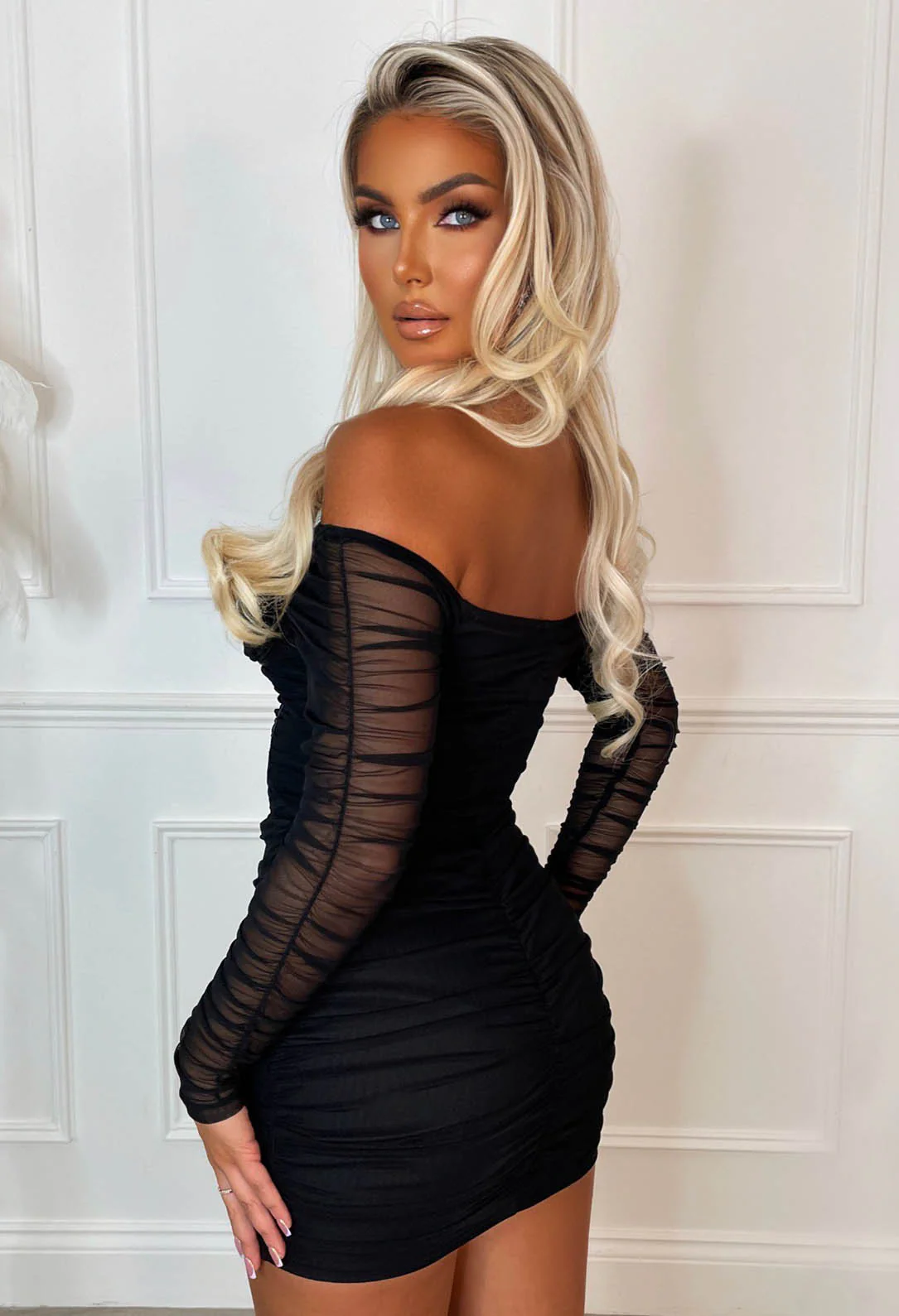 Bijoux Black Mesh Long Sleeve Ruched Corset Mini Dress - Image 2