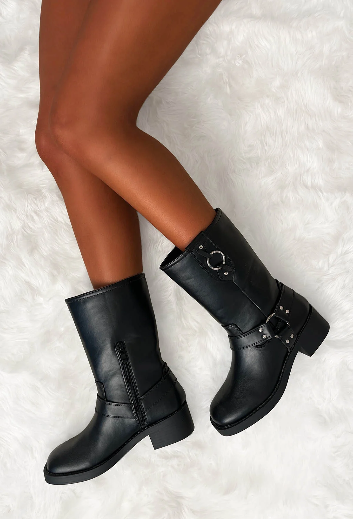 Biker Baby Black Faux Leather Strap Biker Boots - Image 2