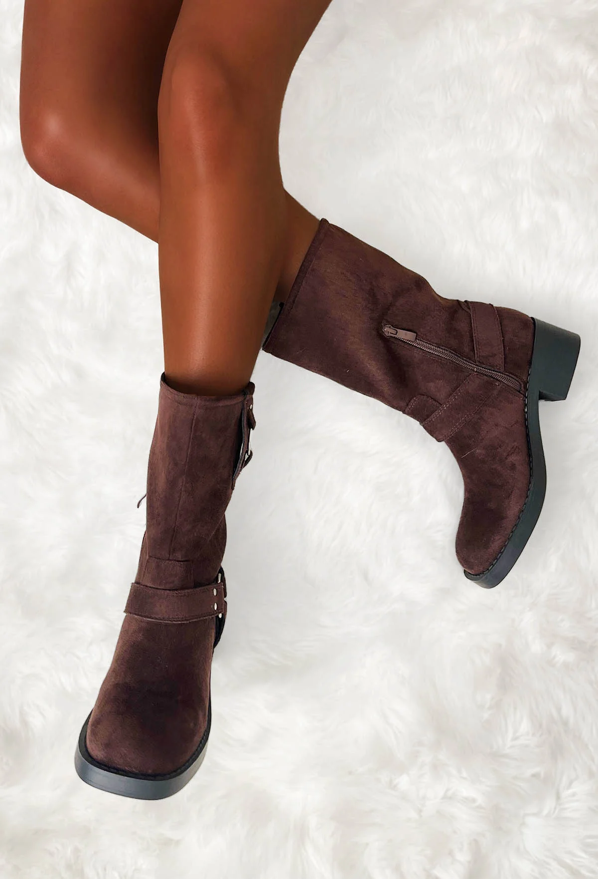 Biker Baby Brown Faux Suede Strap Biker Boots - Image 3