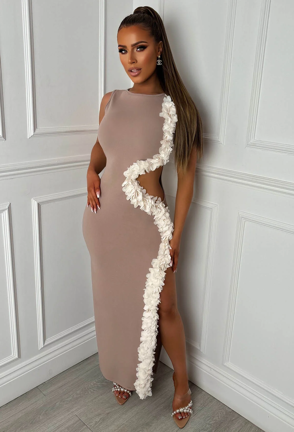 Billion Dollar Babe Taupe Cut Out Maxi Dress - Image 2