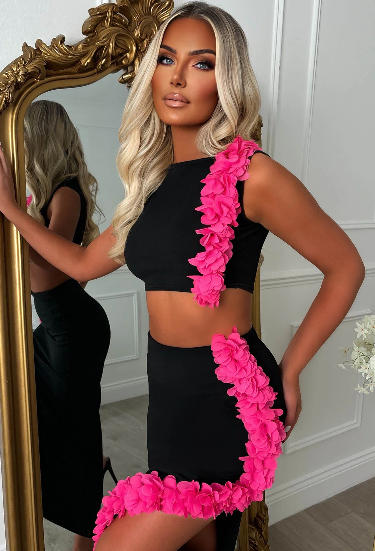 Billionaire Beauty Black Ruffle Midi Side Split Co-Ord Set - Image 4
