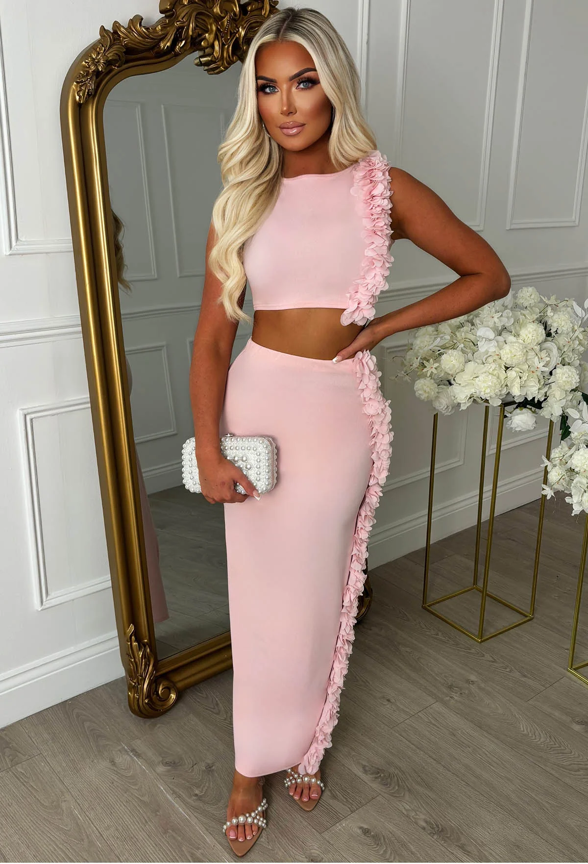 Billionaire Beauty Light Pink Ruffle Midi Side Split Co-Ord Set - Image 3