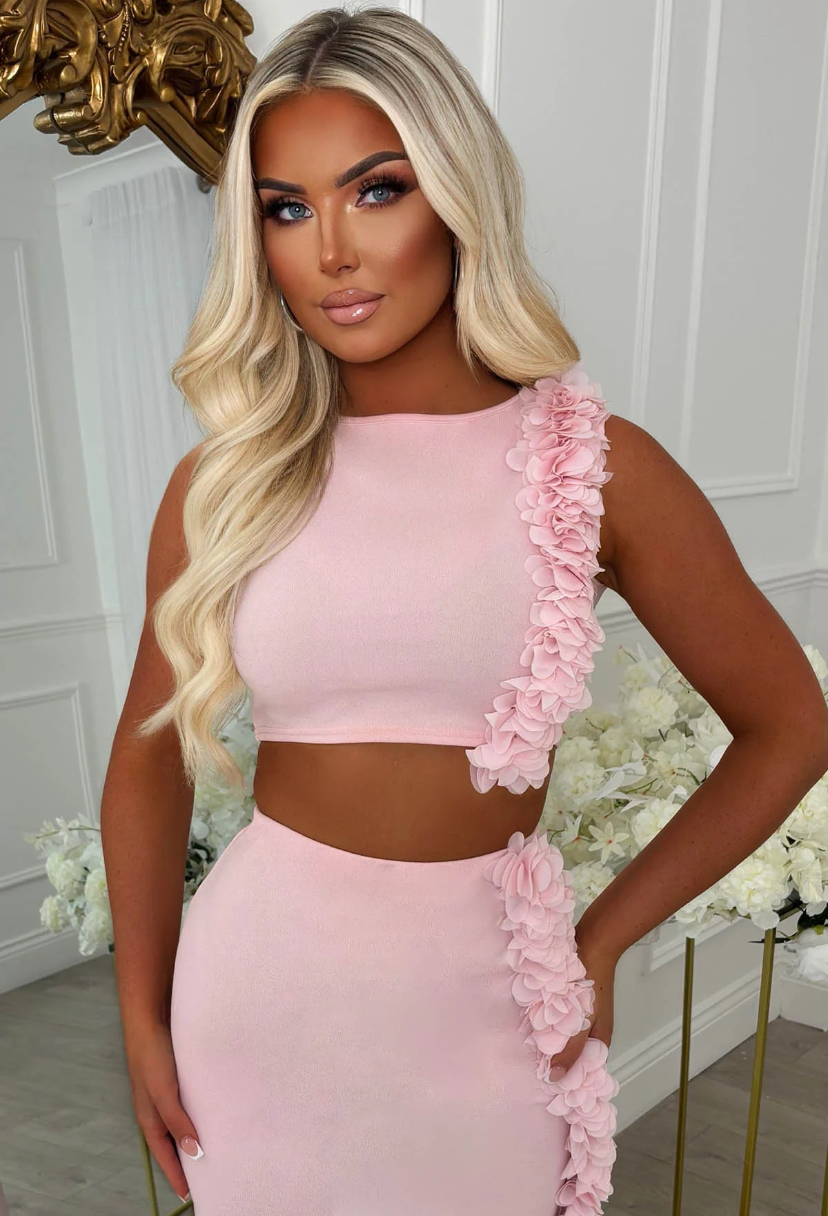 Billionaire Beauty Light Pink Ruffle Midi Side Split Co-Ord Set - Image 5