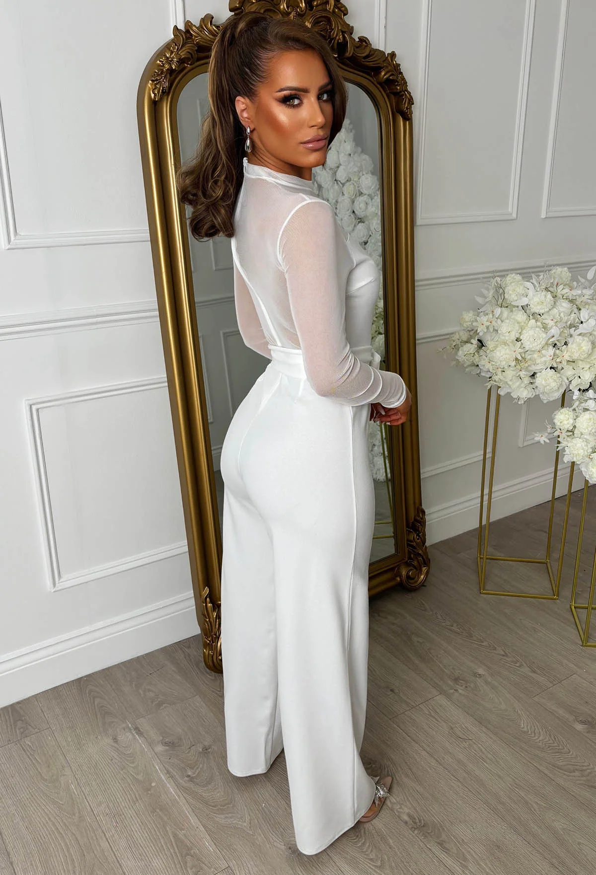 Blissful Chic White Mesh & Plain Wide Leg Belted Jumpsuit - Image 2