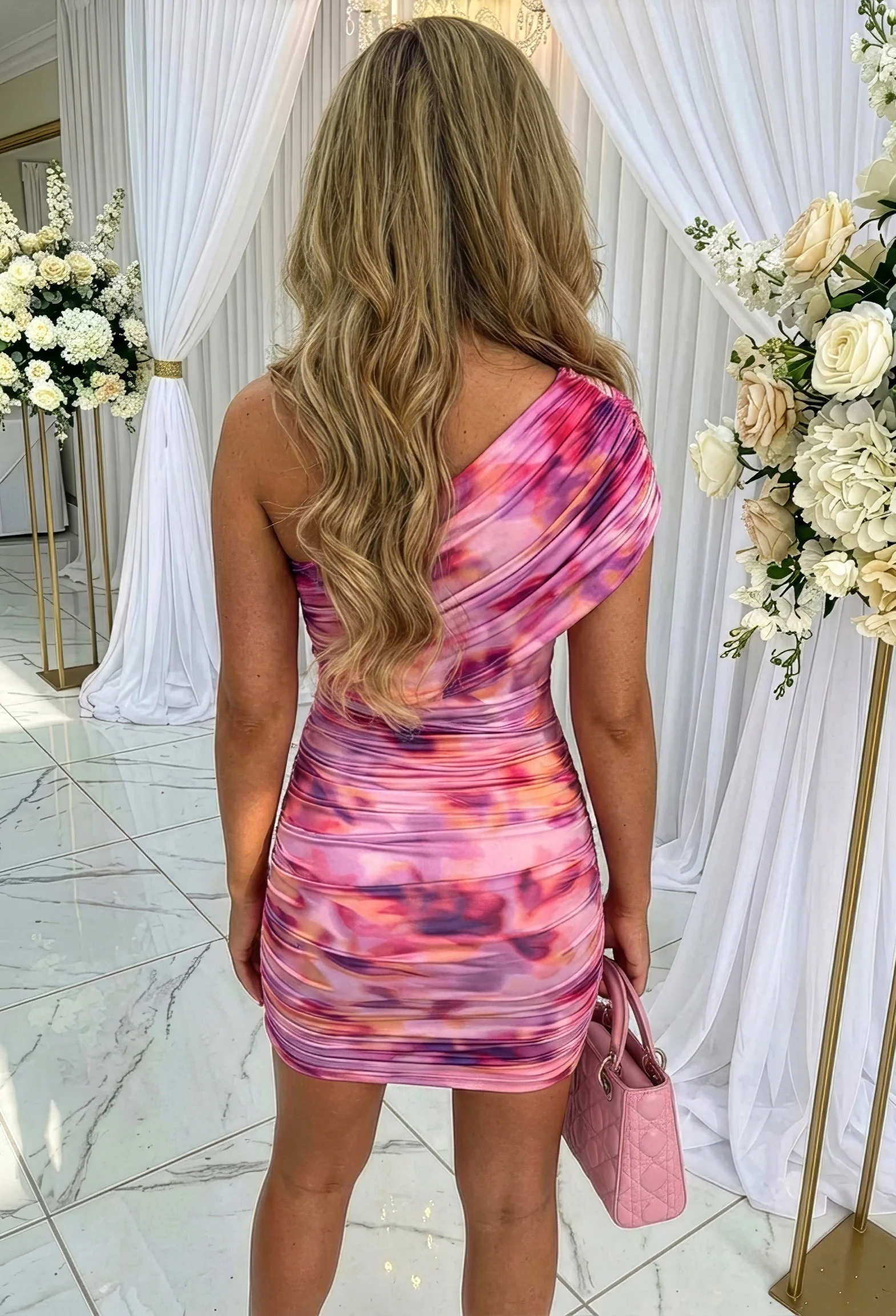 Blush Daydream Pink One Shoulder Bardot Print Mini Dress - Image 3