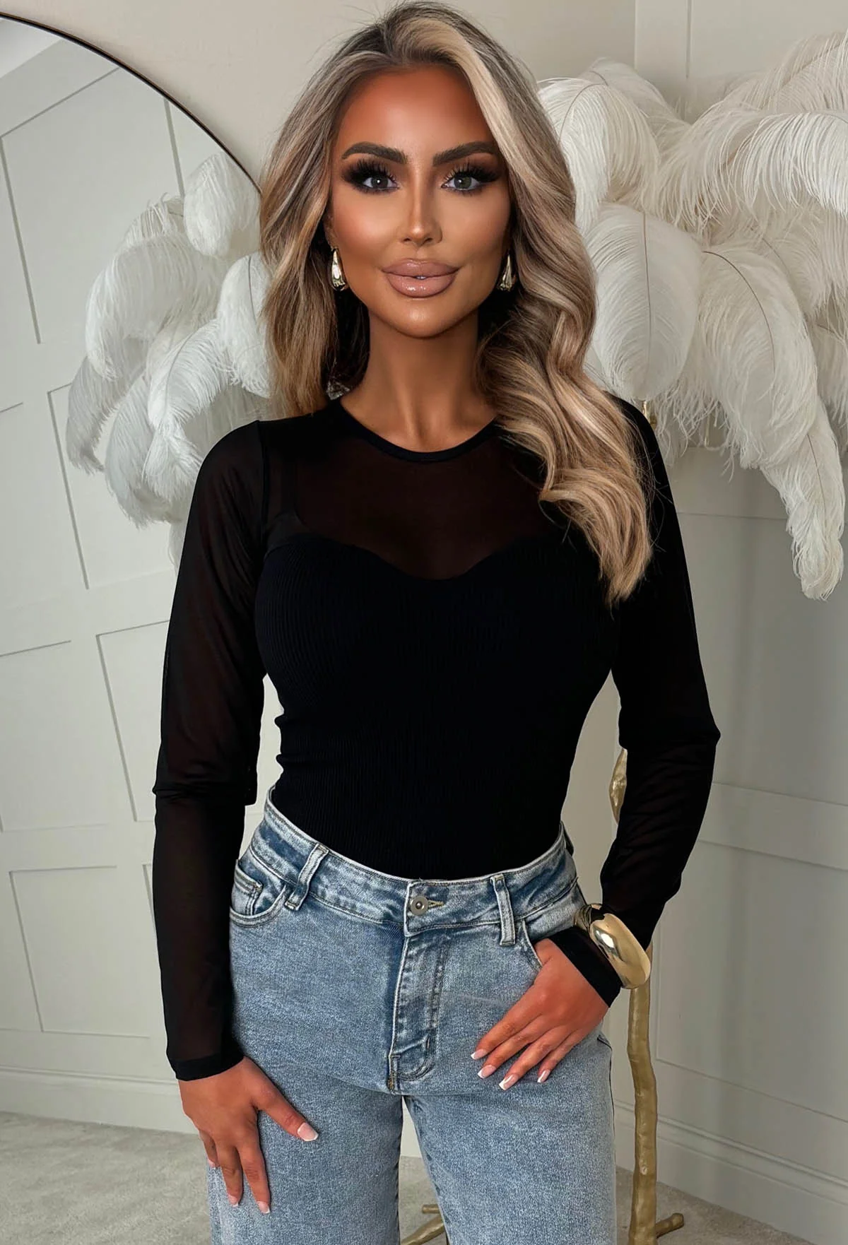 Blushful Chic Black Mesh Sweetheart Bodysuit - Image 2