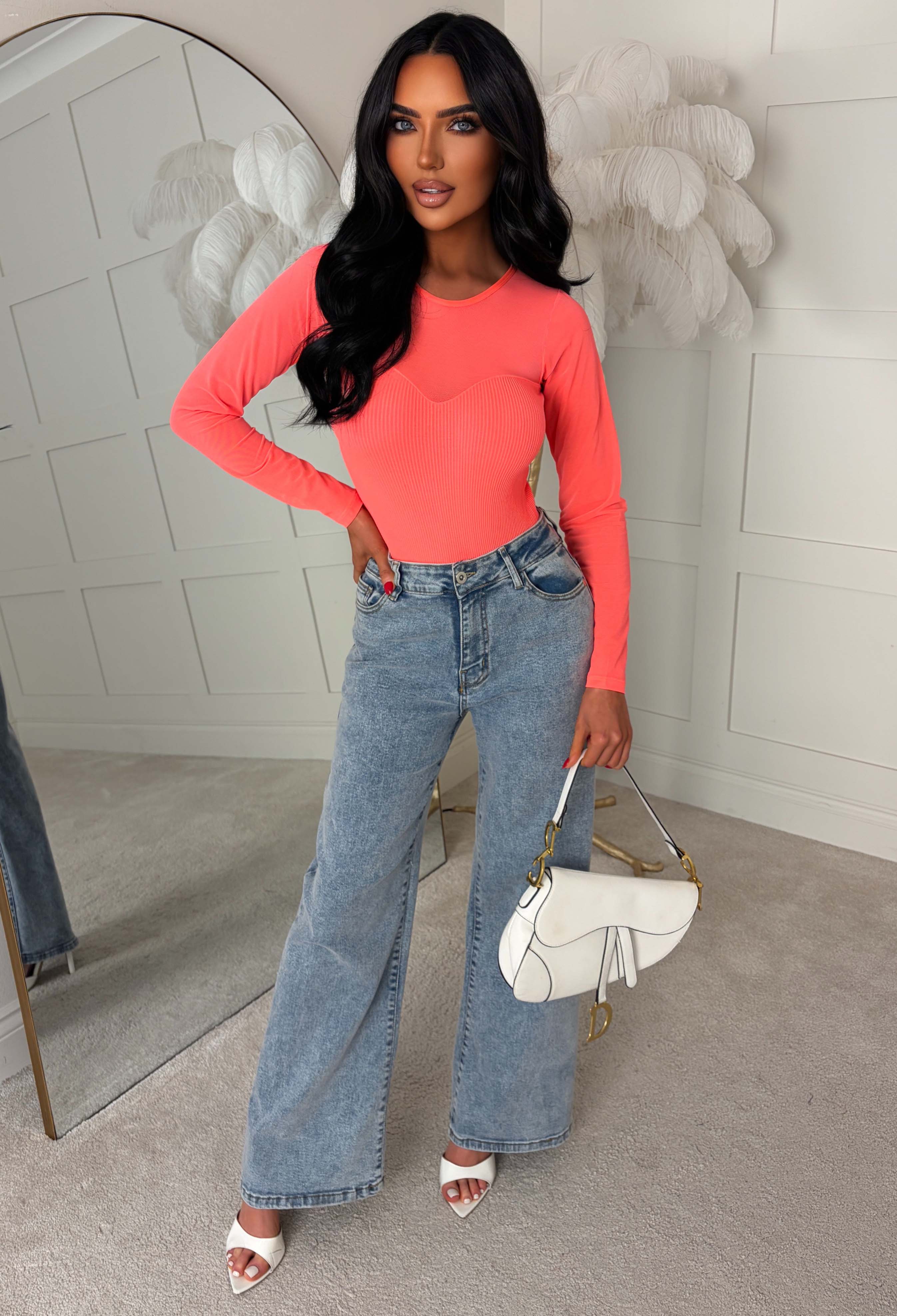 Blushful Chic Coral Mesh Sweetheart Bodysuit - Image 2