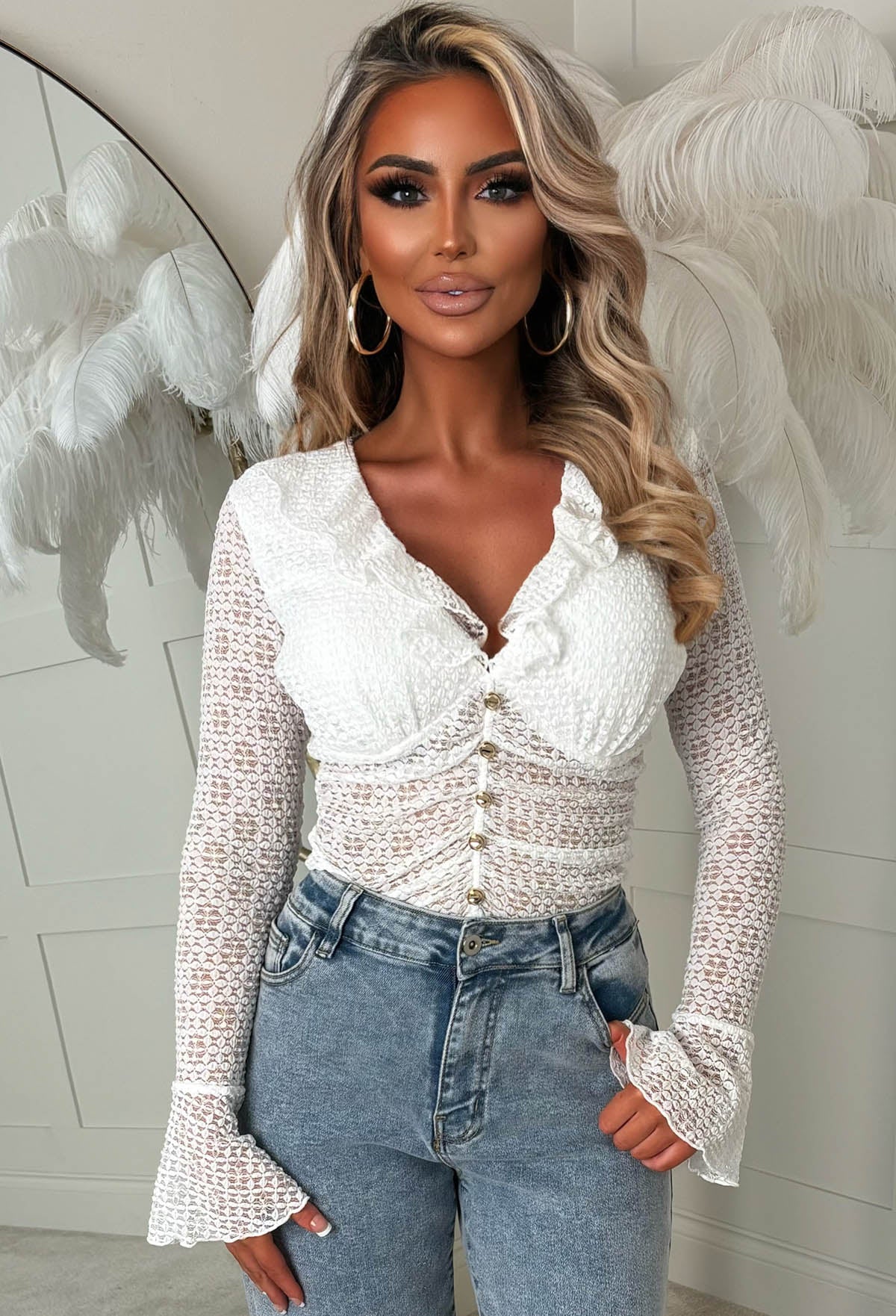 Blushing Silhouette White Ruffle Ruched Bodysuit - Image 2