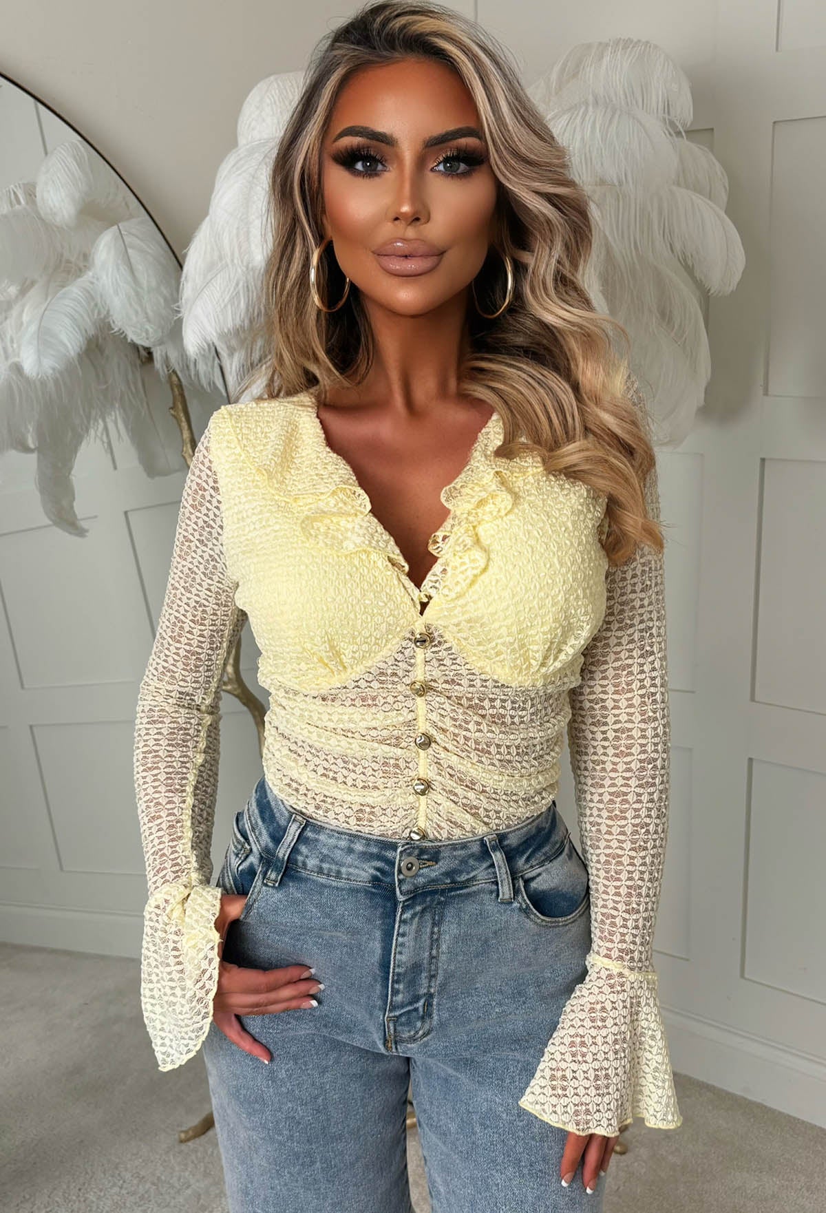 Blushing Silhouette Yellow Ruffle Ruched Bodysuit - Image 3