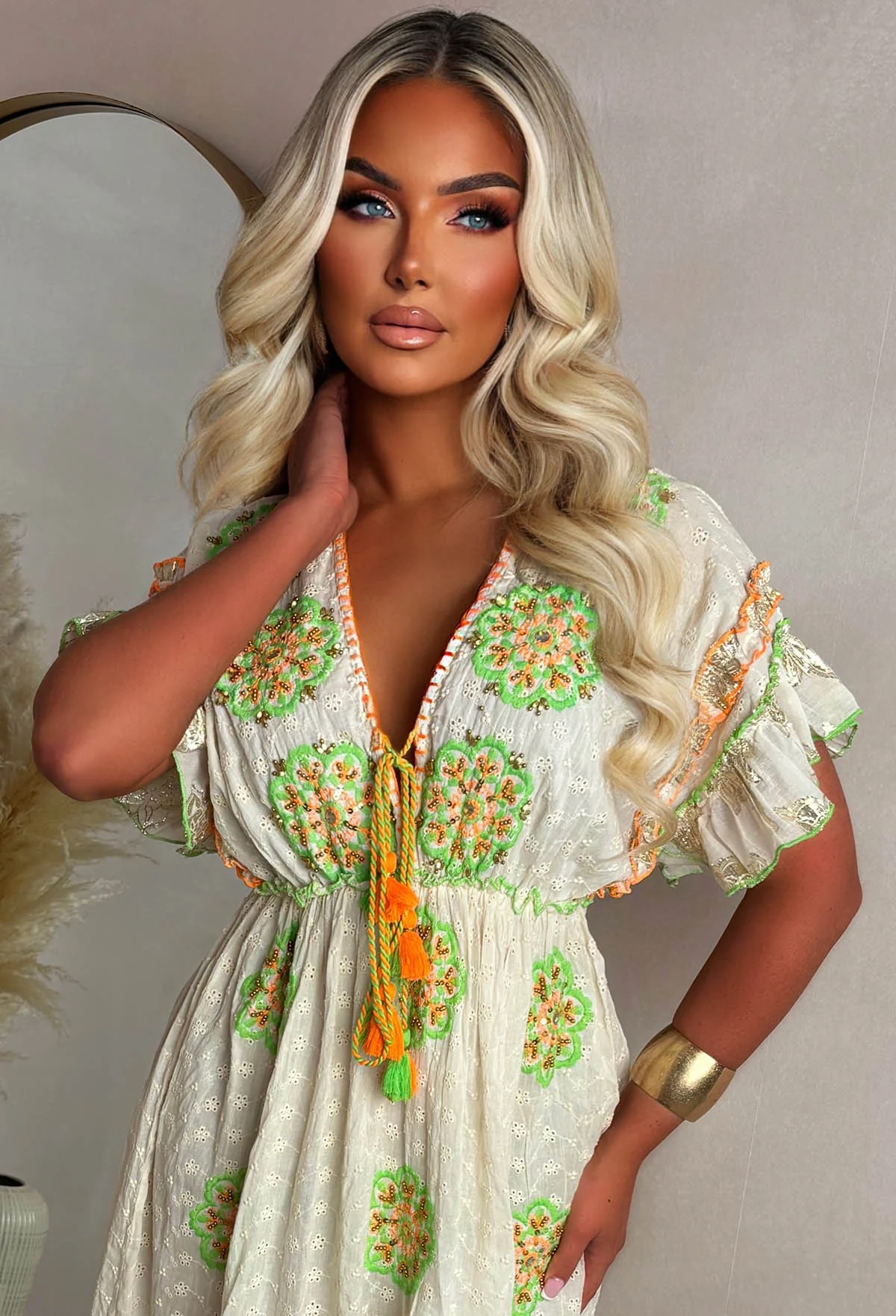 Boho Beautiful Orange Embroidered Boho Maxi Dress - Image 3