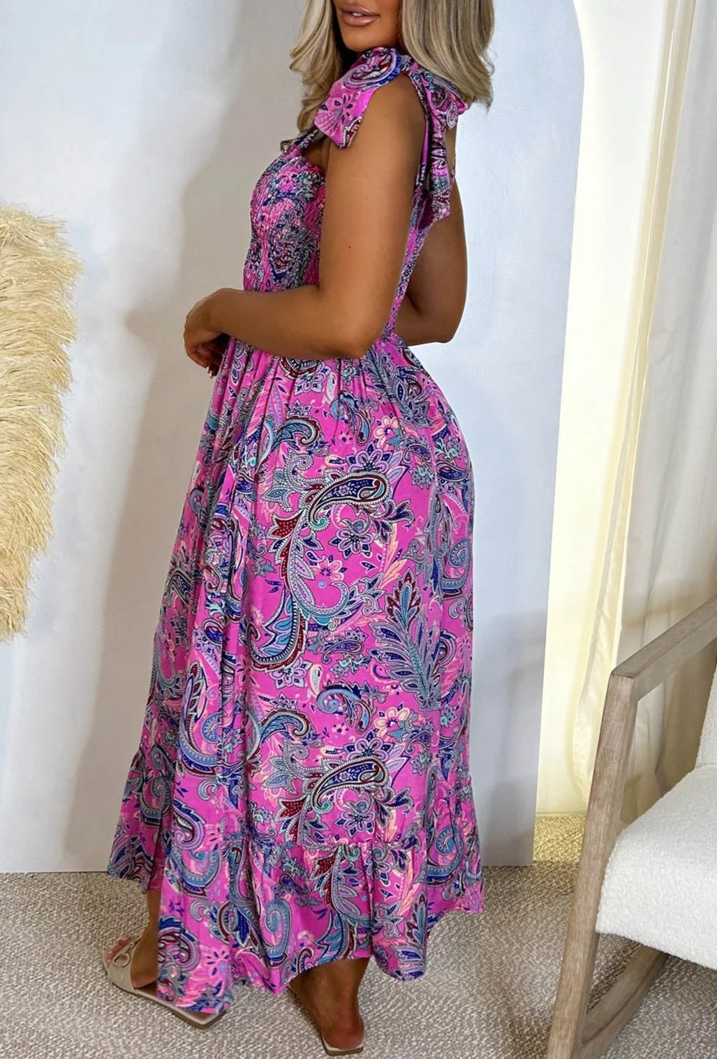 Boho Fantasy Pink Paisley Print Shirred Tie Strap Maxi Dress - Image 3