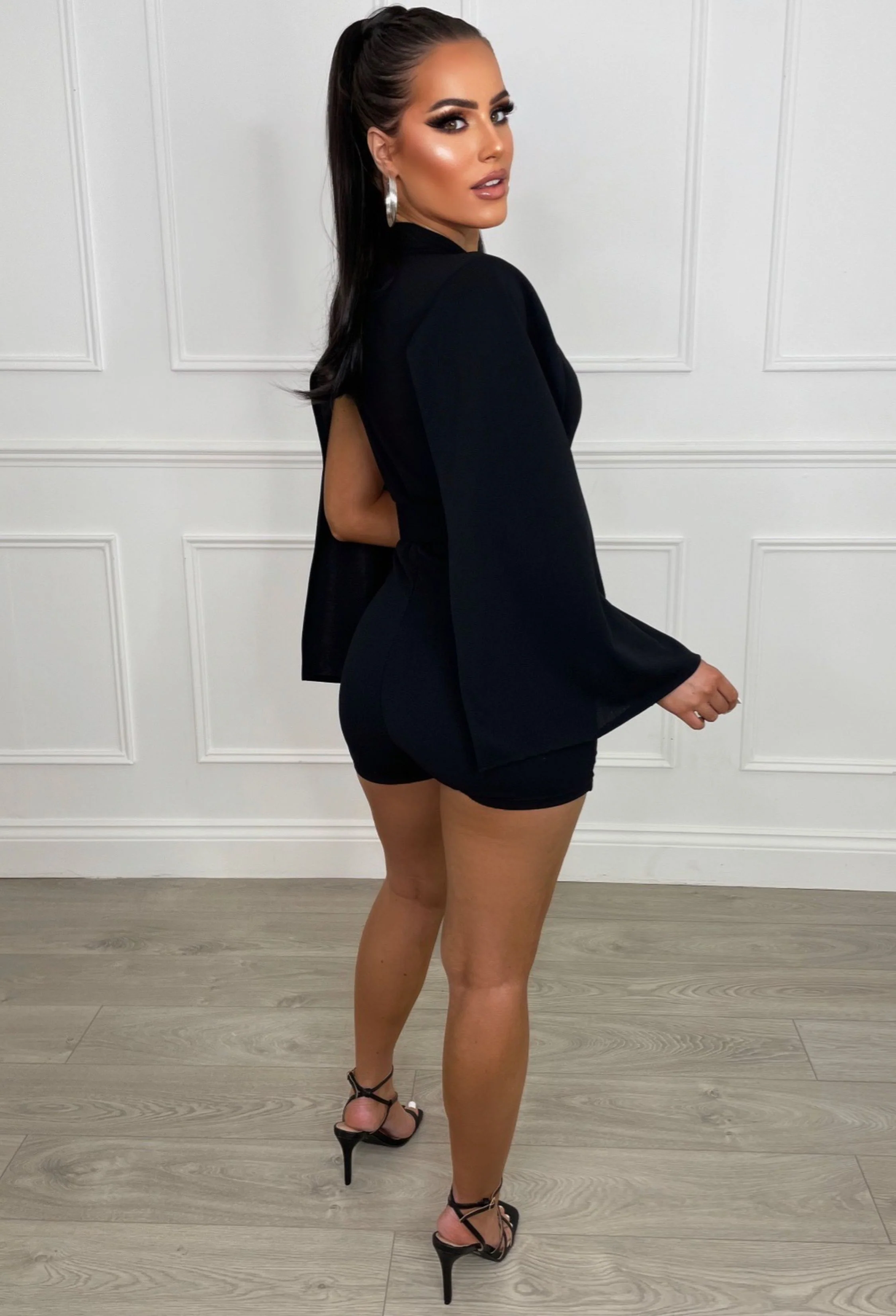 Bold Moves Black Drape Sleeve Belted Playsuit - Image 2