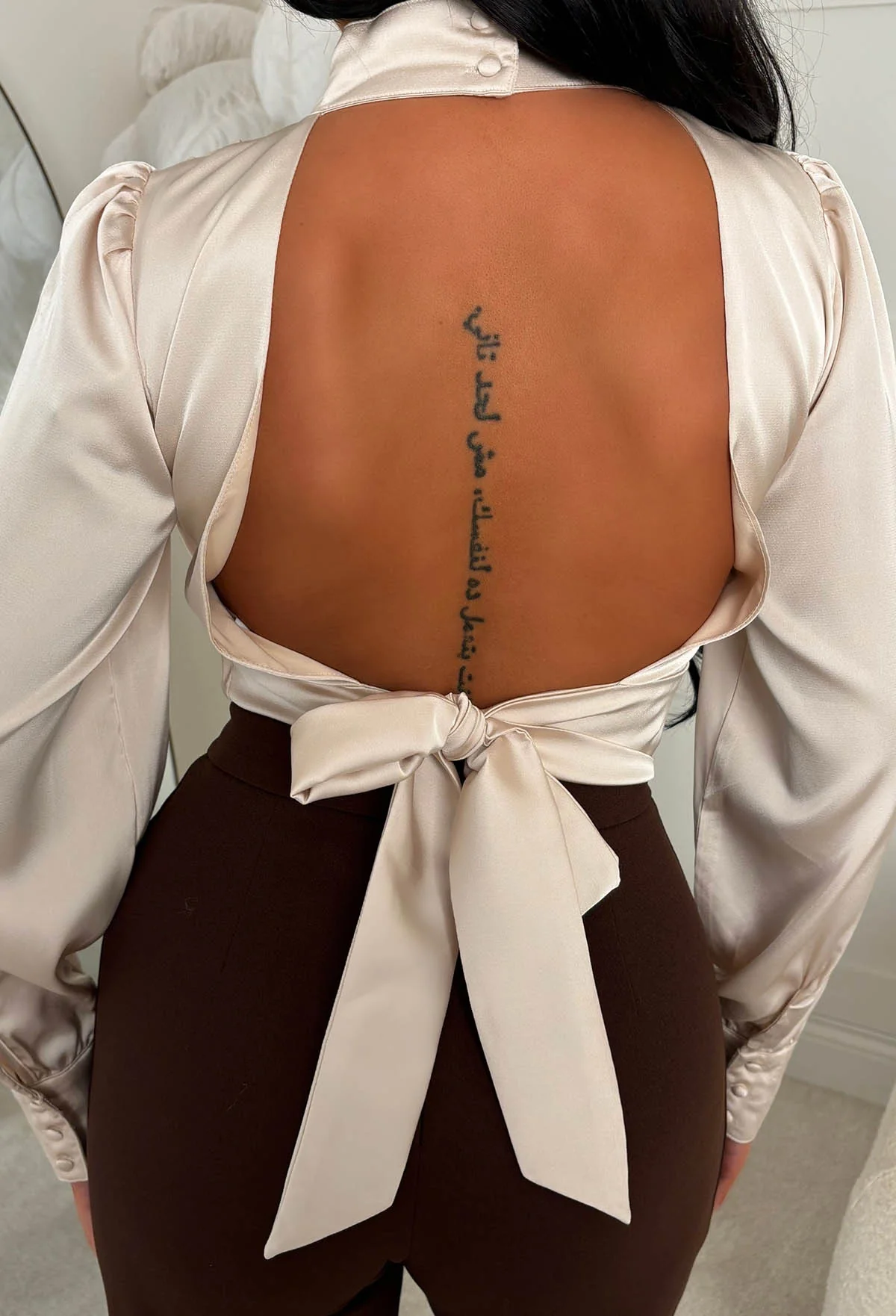 Bowtiful Babe Cream Open Back Satin Bow Top - Image 3