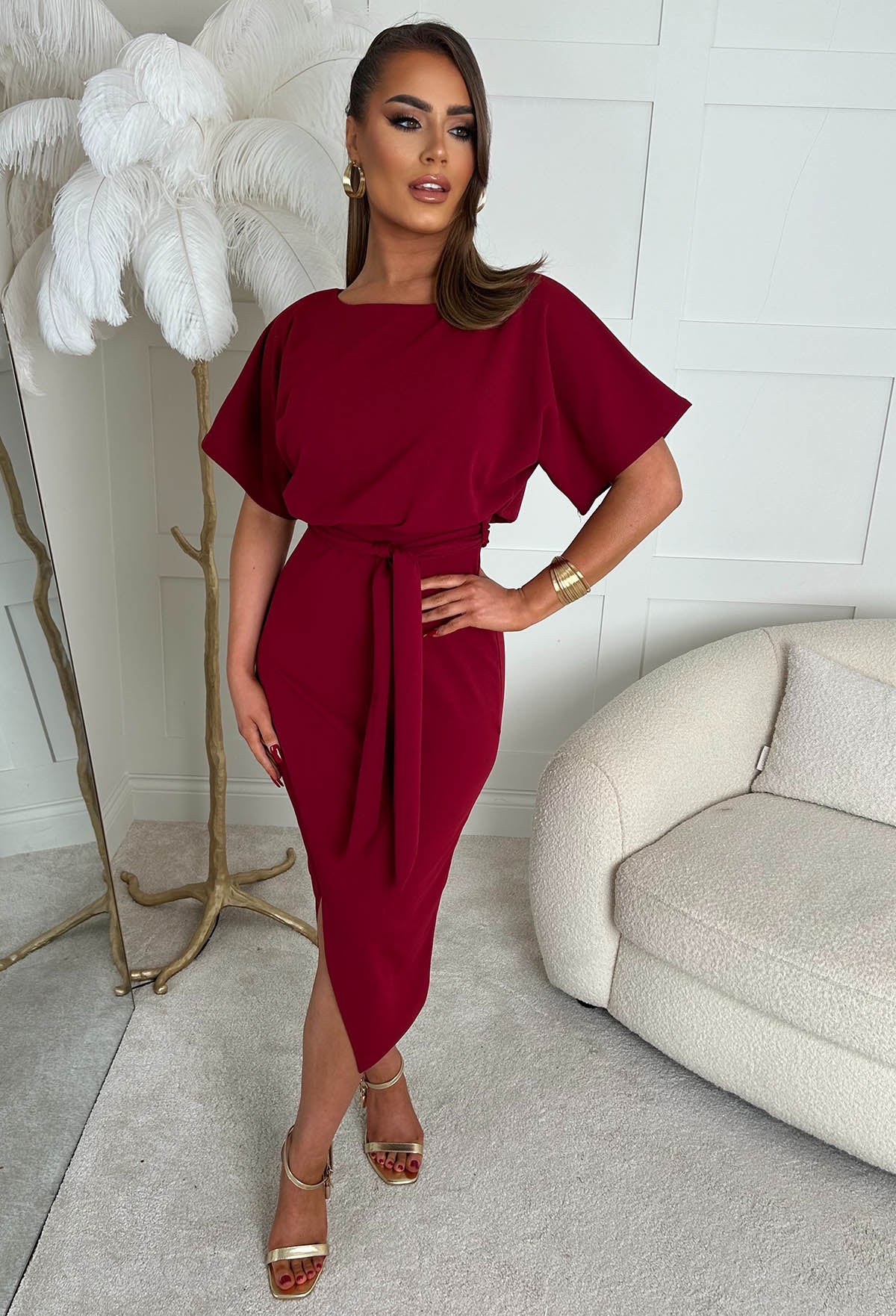 Came Here For Love Burgundy Belted Wrap Front Midi Dress - Image 3