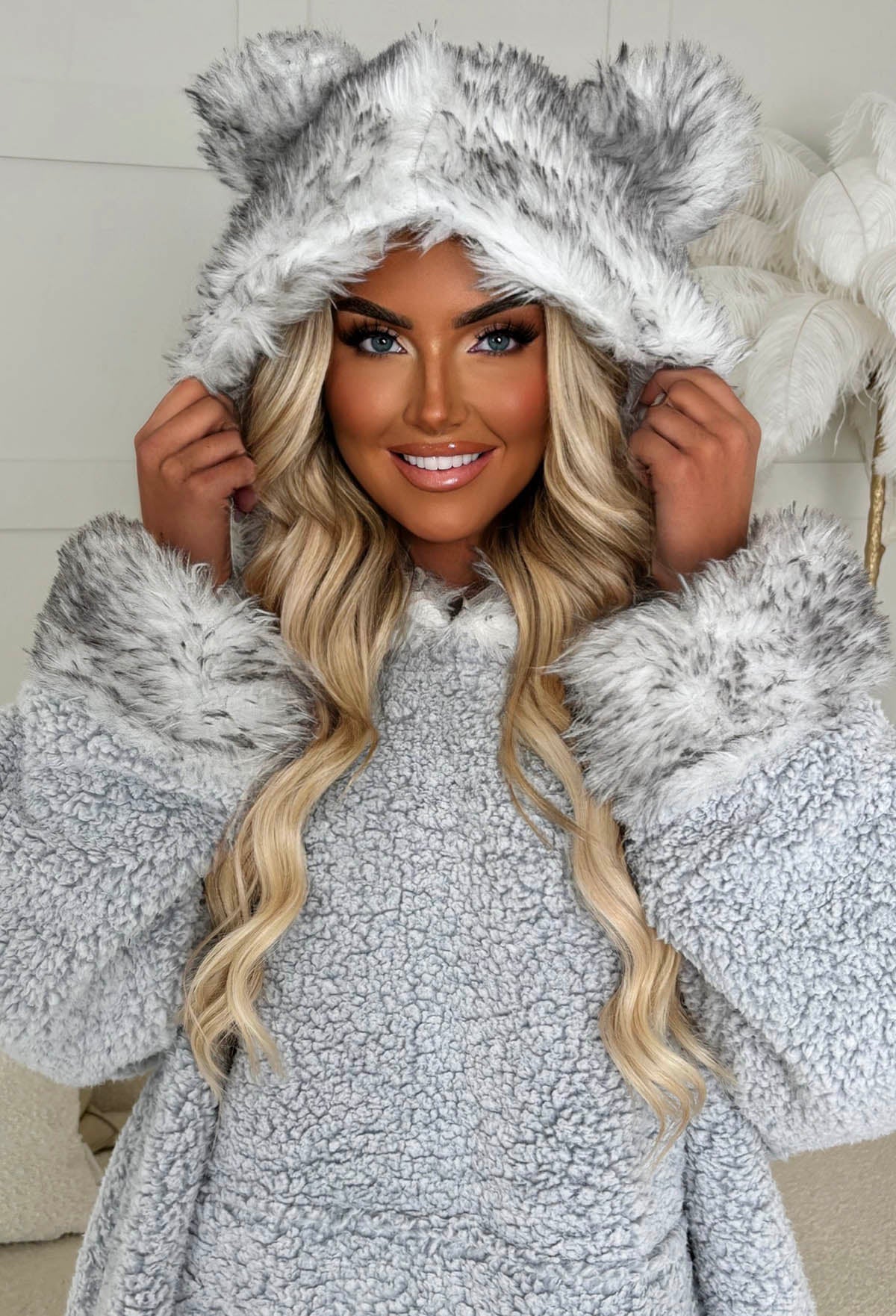 Can't Bear It Grey Tipped Faux Fur Hood Borg Snuggle Hoodie - Image 2