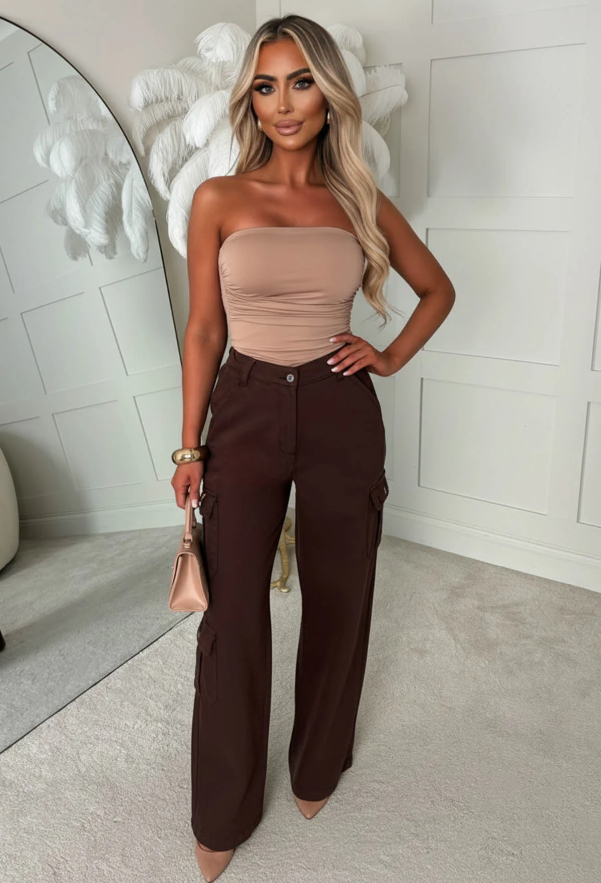 Cargo Revolution Brown Cargo Wide Leg Stretch Trousers